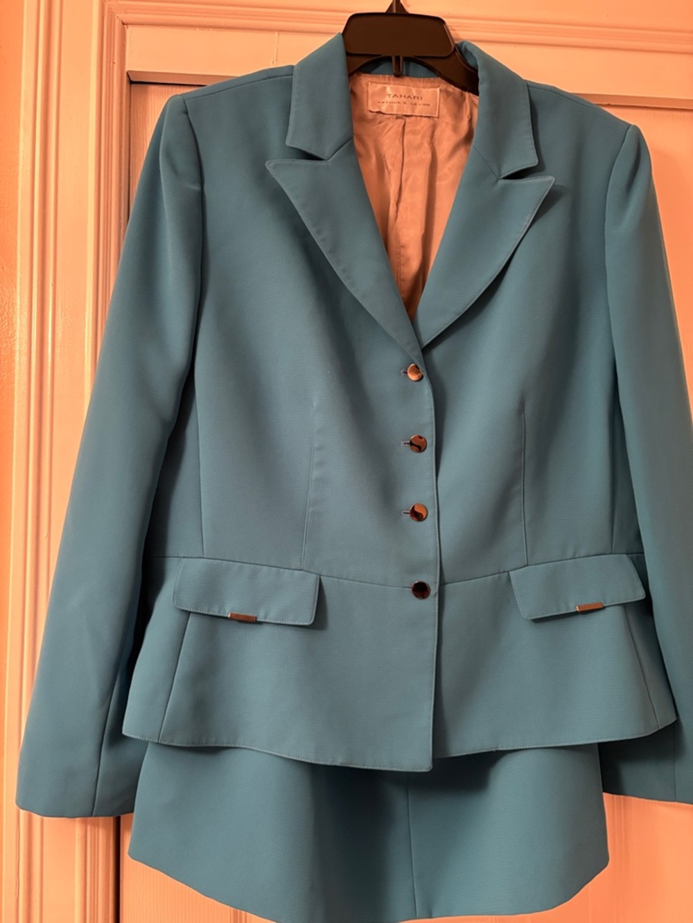 Tahari Women's Teal Tailored Peplum suit with shirt with side slits